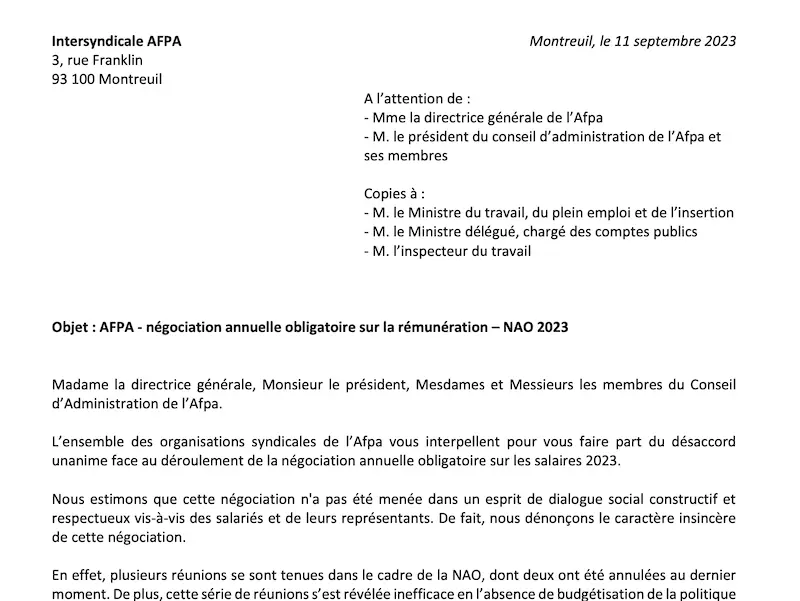 Courrier intersyndical relatif à la négociation annuelle obligatoire sur la rémunération
